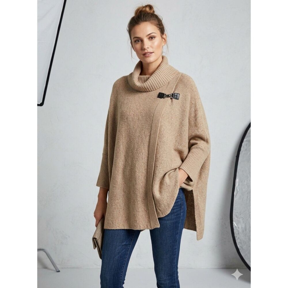 Calvin Klein Sz L/XL Taupe Cowl Neck Poncho Sweater W/ Buckle #luxe #flowy #chic